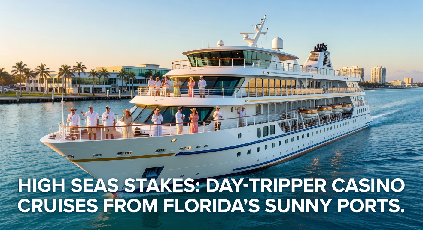 Ein glänzendes Casino-Schiff verlässt den sonnigen Hafen von Miami, Passagiere winken von den Decks während es in die offene See steuert