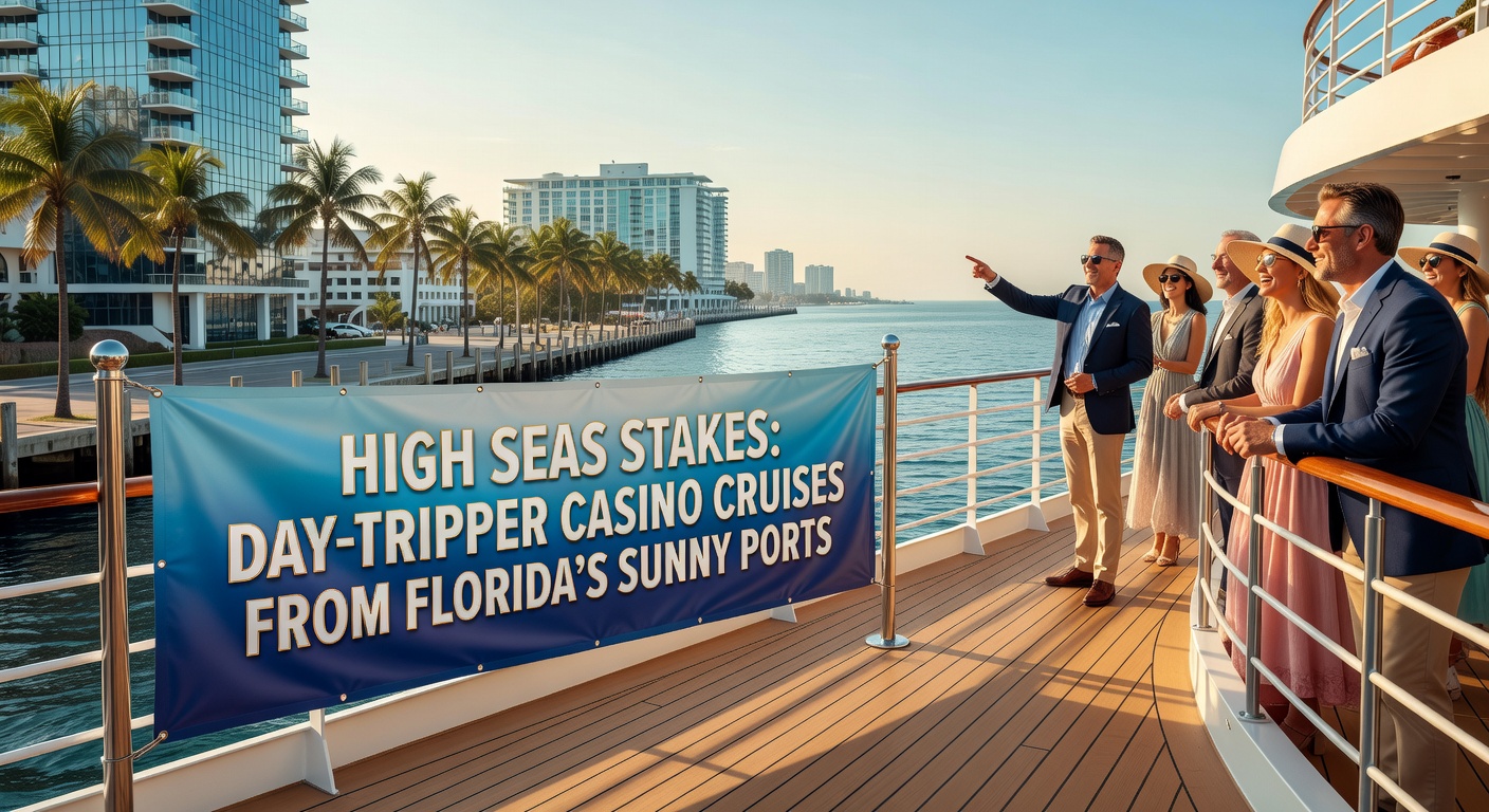 Passagiere genießen Slots und Tischspiele an Bord eines Casino-Schiffs, während das Meer in der Ferne glitzert und die Sonne untergeht