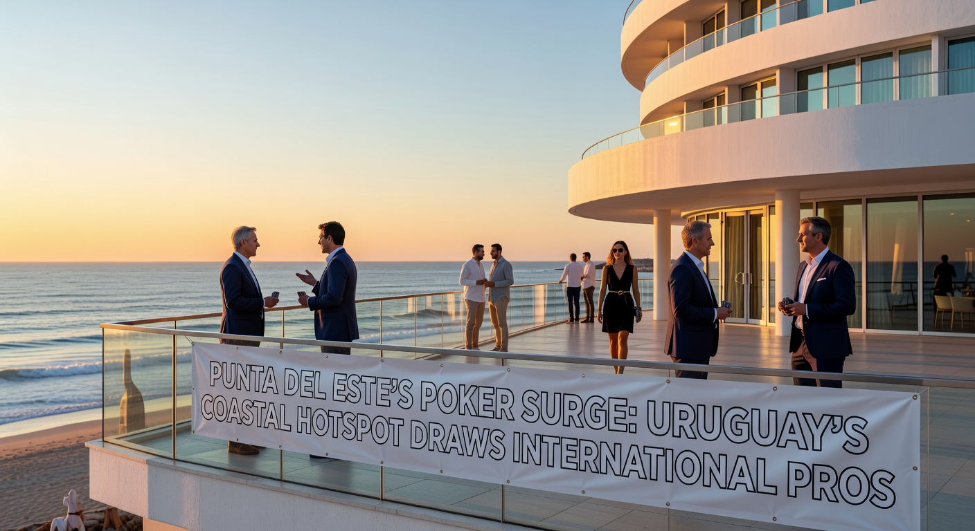 Aussicht auf das glitzernde Casino in Punta del Este bei Sonnenuntergang, mit Spielern am Poker-Tisch im Vordergrund